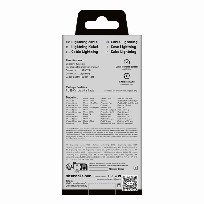 SBS - SBS USB-C - Lightning Kabel 1m MFi Certified - Vit