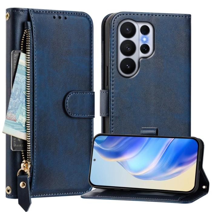 OEM - Samsung Galaxy S26 Ultra Skal Fodral Med Dragkedja Äkta Läder - Blå