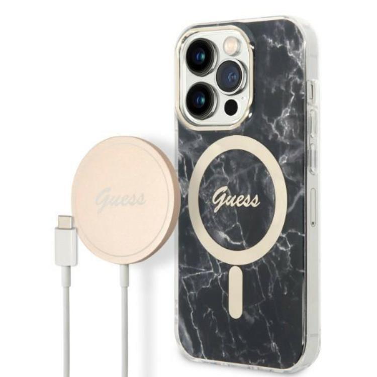 GUESS iPhone 14 Pro Max Magsafe Skal Marble + Trådlös Laddare - Svart | 2353 | AlltMobil