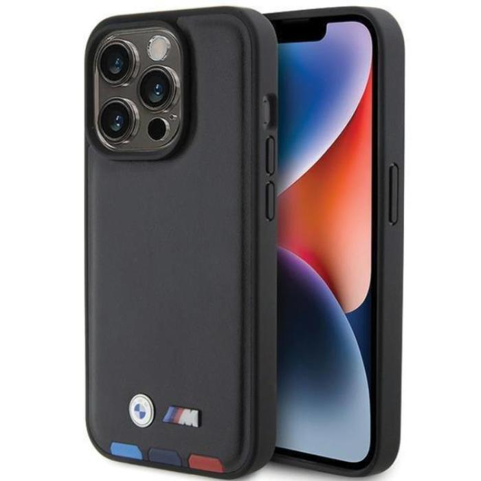 BMW - BMW iPhone 15 Pro Mobilskal Läder Stamp Tricolor - Svart