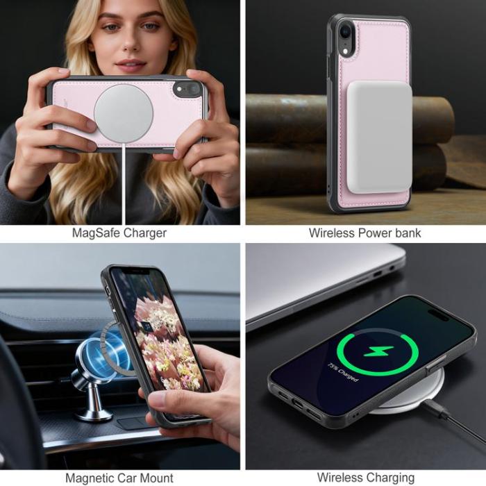 OEM - JEEHOOD Mobilskal till iPhone XR Konstläder MagSafe Med Kortfack - Rosa