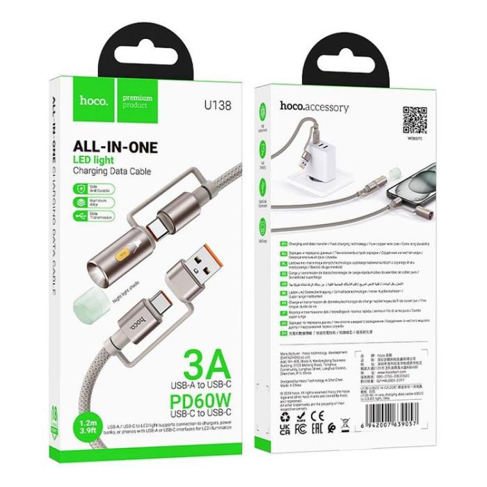 Hoco - Hoco USB-A/USB-C Till USB-C, LED-ljus 60W 3A Kabel 1.2m U138 - Grå