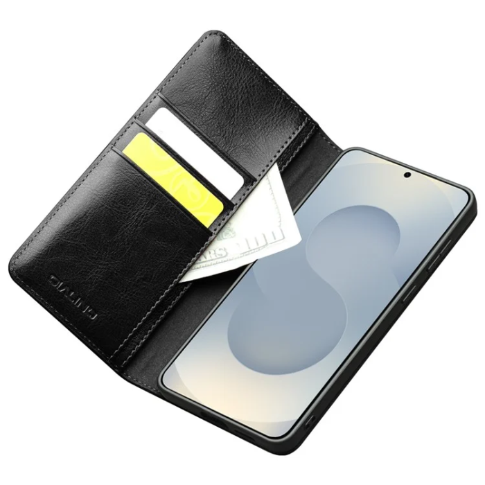 QIALINO - Qialino Galaxy S25 Edge Plånboksfodral Äkta Läder - Svart