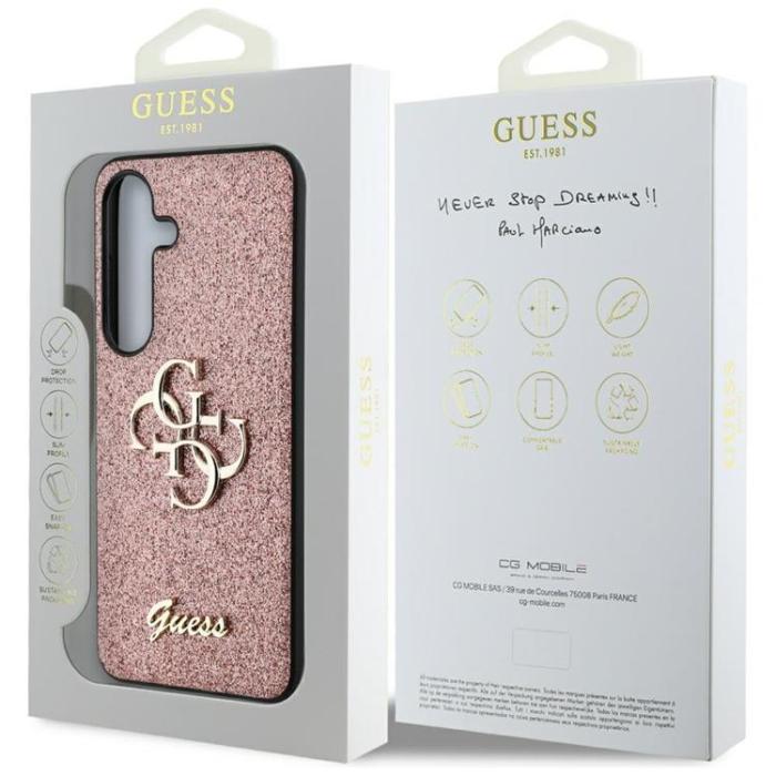 Guess - Guess Galaxy S25 Mobilskal Fixed Glitter Big 4G Metal Logo - Rosa