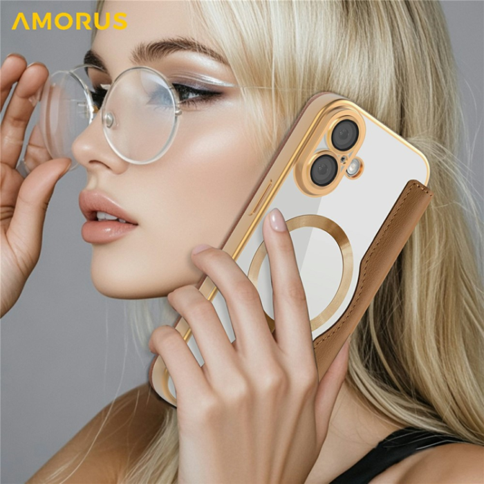 Amorus - AMORUS iPhone 17 Plånboksfodral MagSafe RFID Blocking - Brun