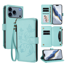 A-One Brand - iPhone 17 Pro Plånboksfodral Butterfly Floral Imprint - Mintgrön