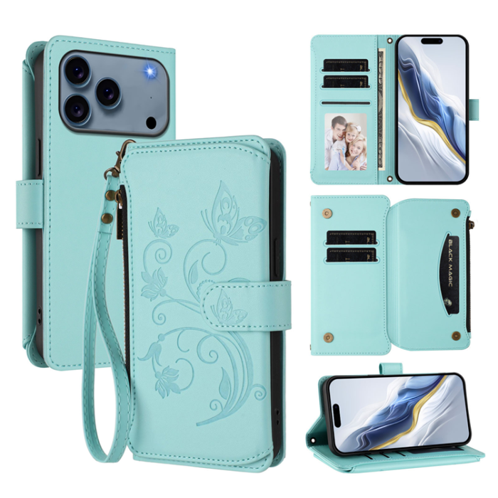 A-One Brand - iPhone 17 Pro Plånboksfodral Butterfly Floral Imprint - Mintgrön