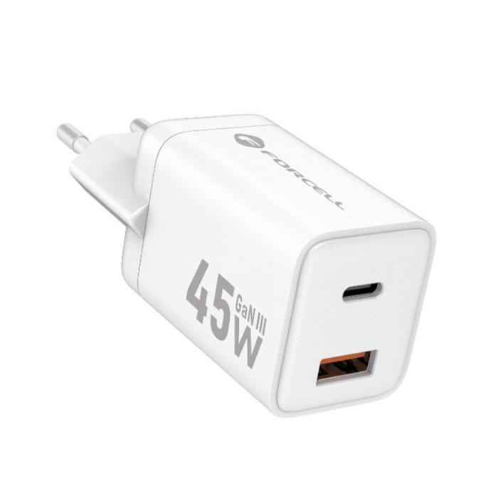 Forcell - Forcell GaN III Snabbladdare 45W USB-C - USB-A PD QC Mini Vit
