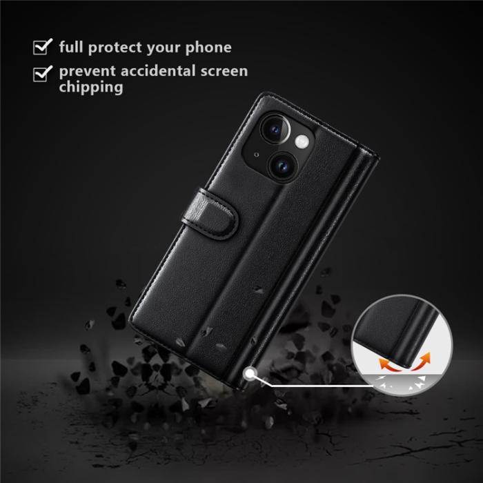OEM - iPhone 15 Plus Plånboksfodral Äkta Läder Anti-Dust - Svart