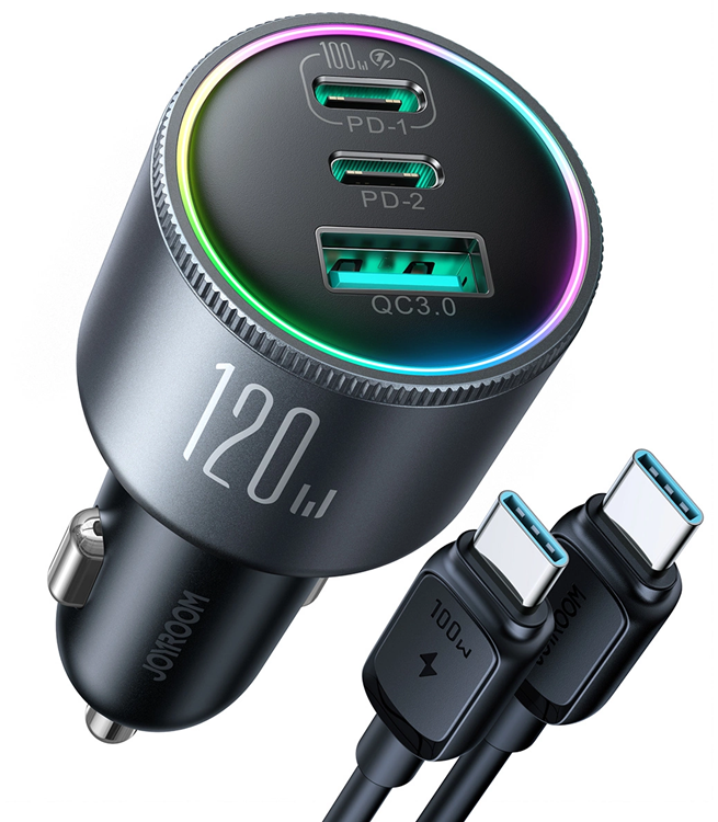 Joyroom Billaddare 2xUSB-C USB-A + USB-C kabel 100W - Mörkgrå | 505295 | AlltMobil