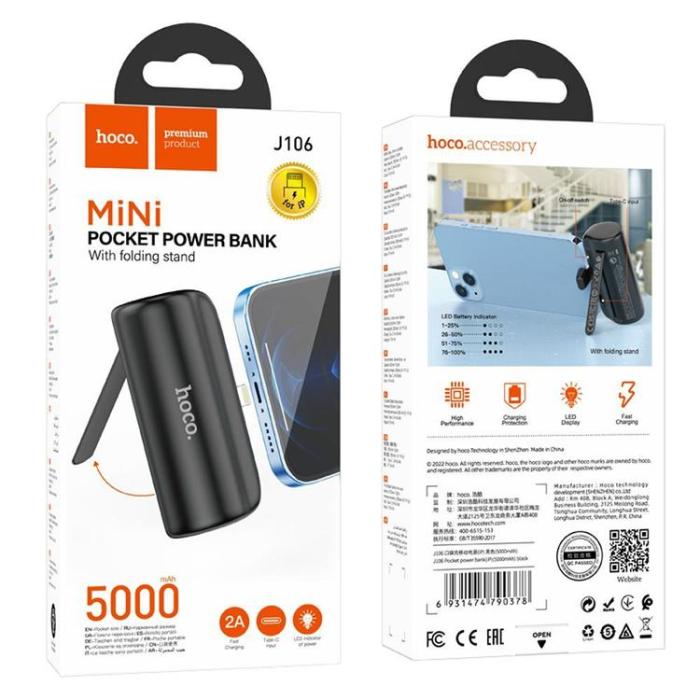 Hoco - Hoco Powerbank 5000 mAh med Inbyggd Kontakt Lightning 2A - Svart