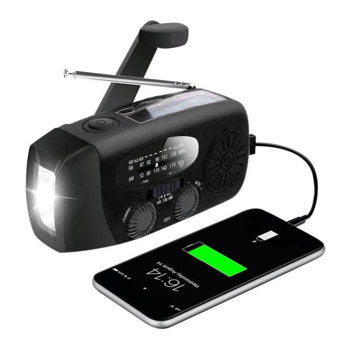 Vev-radio 2000mAh Powerbank, Solceller, Ficklampa - Svart