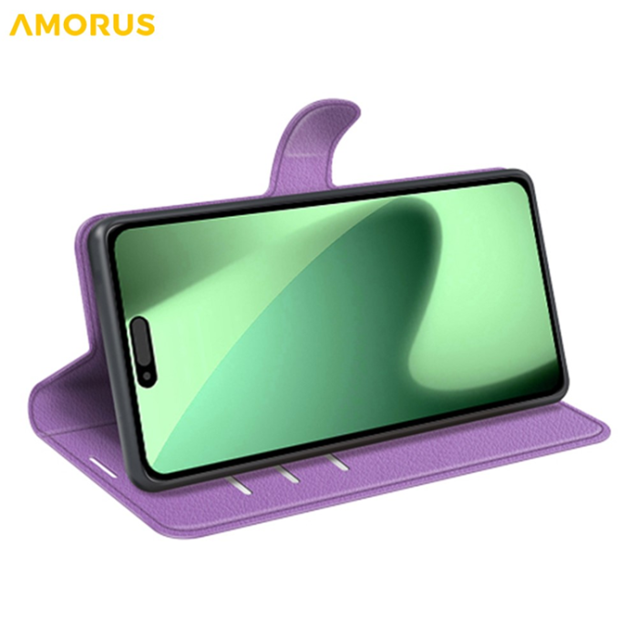 Amorus - AMORUS iPhone 17 Pro Plånboksfodral Flipstativ Litchi - Lila