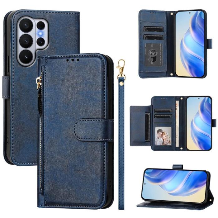 OEM - Samsung Galaxy S26 Ultra Skal Fodral Med Dragkedja Äkta Läder - Blå