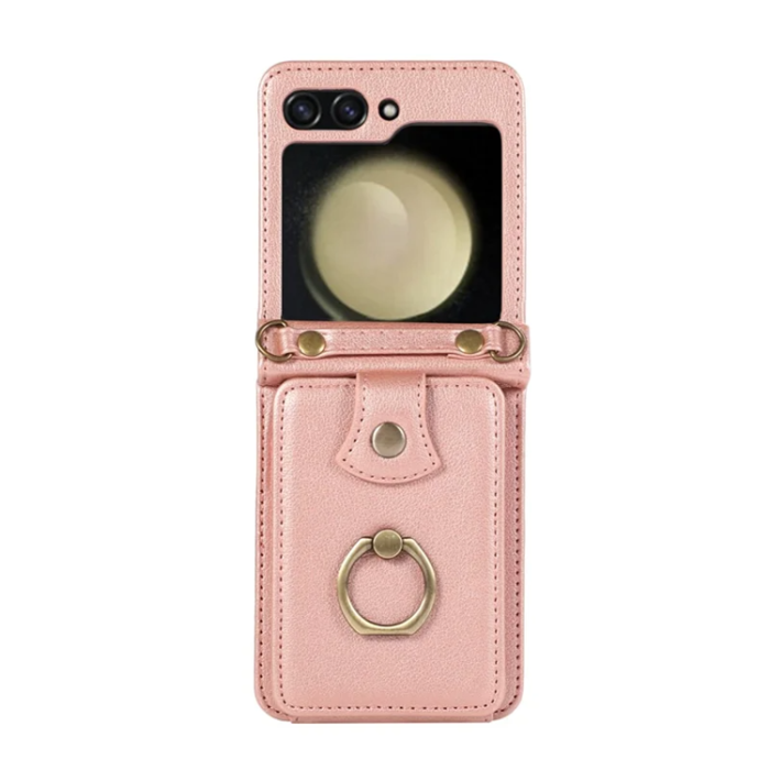 A-One Brand - Galaxy Z Flip7 Plånboksfodral Ring Kickstand med Lång rem - Rosa Guld