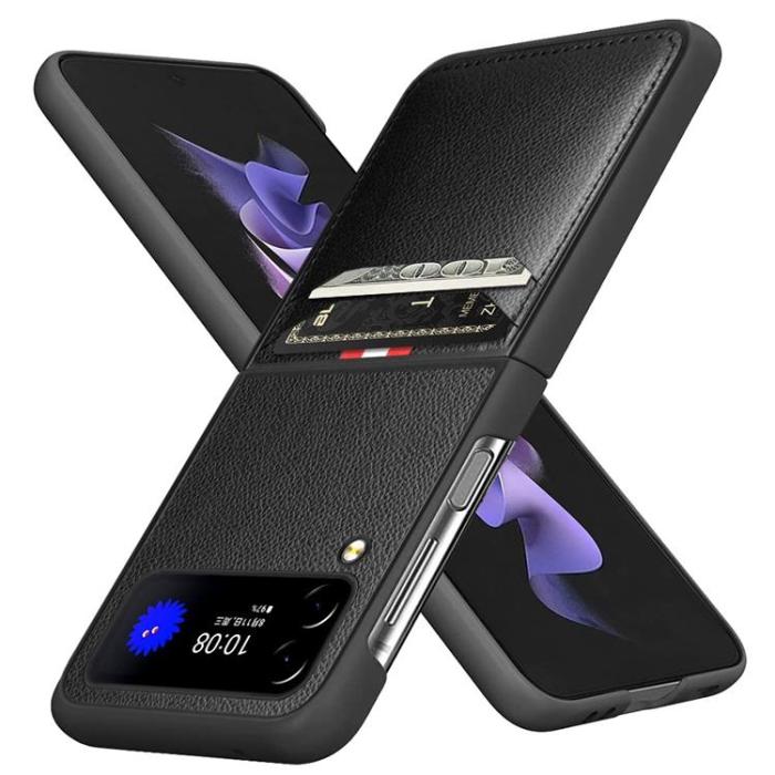 A-One Brand - Galaxy Z Flip 4 Skal Litchi Korthållare - Svart