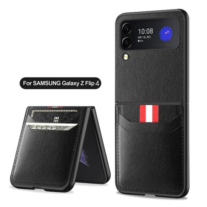 A-One Brand - Galaxy Z Flip 4 Skal Litchi Korthållare - Svart