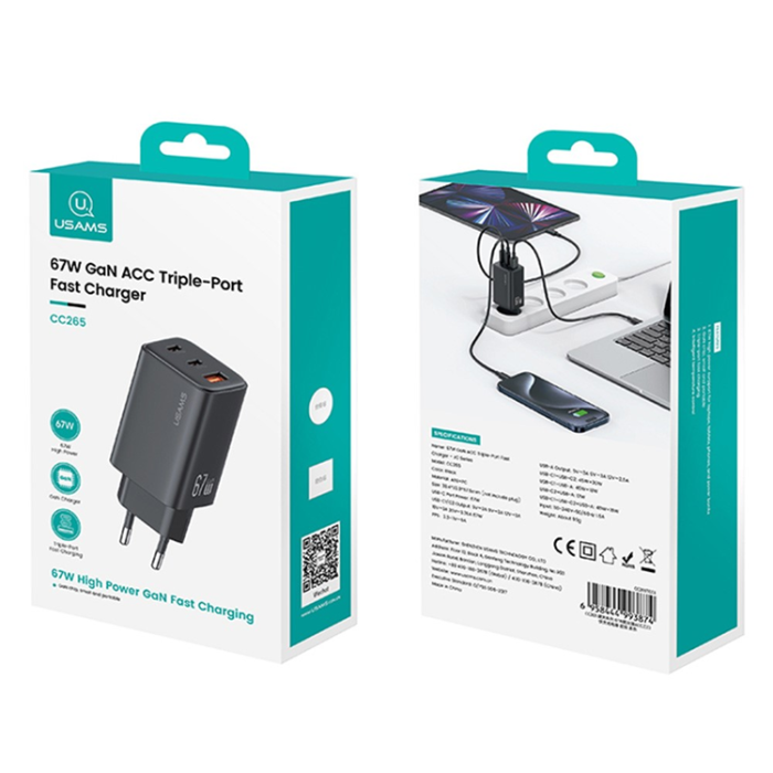 USAMS - USAMS GaN Snabbladdare 67W USB-A/2x USB-C EU CC265 - Svart