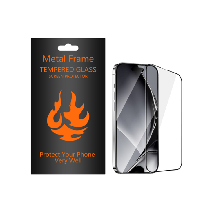 OEM - iPhone 14 Pro Härdat Glas Skärmskydd Metall Ram - Svart