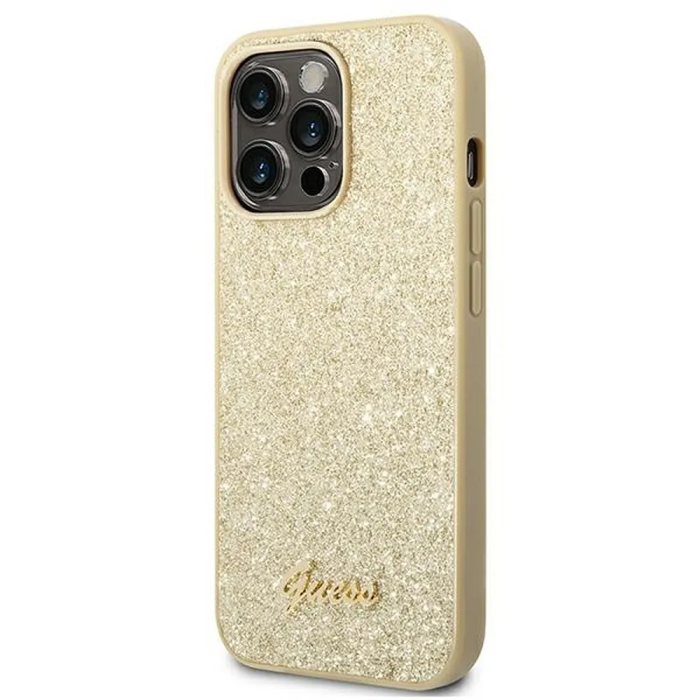 Guess - GUESS iPhone 14 Pro Skal Glitter Flakes Script Metal Logo - Guld