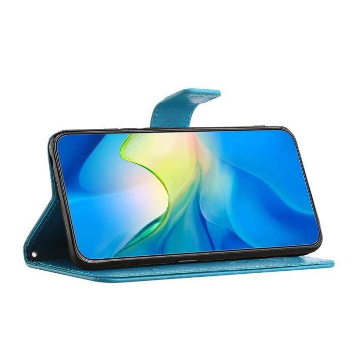 OEM - Samsung Galaxy A57 Plånboksfodral Konstläder Ställ Impr. Fjäril Blomma - Blå