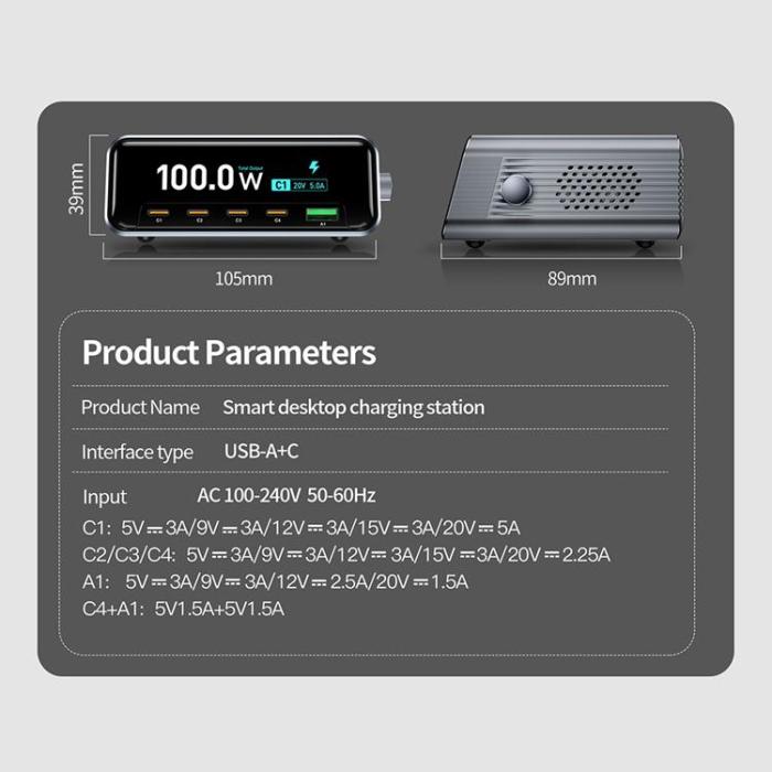 OEM - Smart GaN-Laddningsstation USB-A + 4-Typ-C 265W WLX-60D