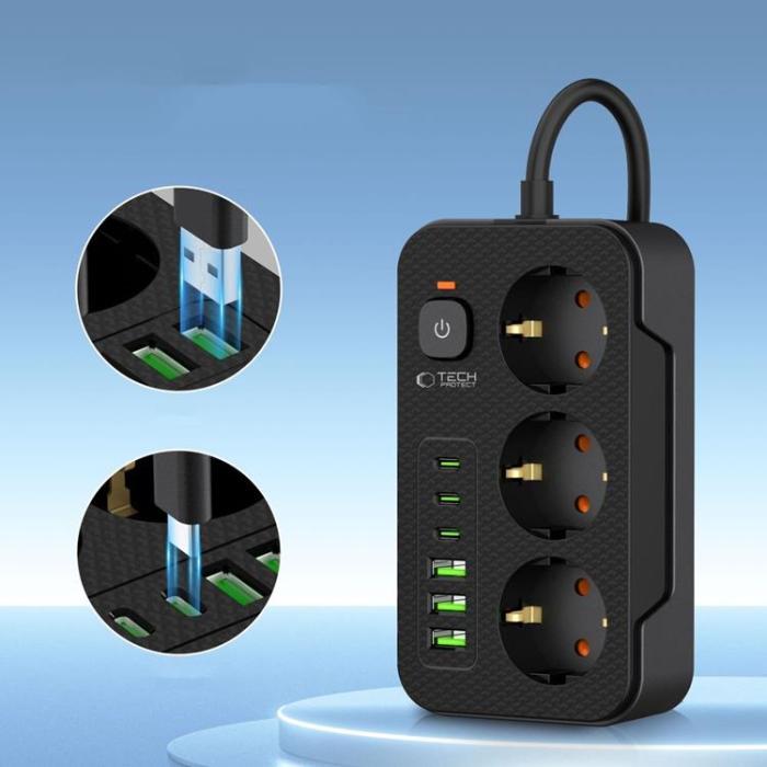 Tech-Protect - Tech-Protect Grenuttag 3x USB/3x USB-C/3 Sockets 200Ccm - Svart