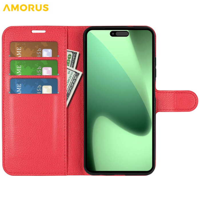 Amorus - AMORUS iPhone 17 Pro Plånboksfodral Flipstativ Litchi - Röd