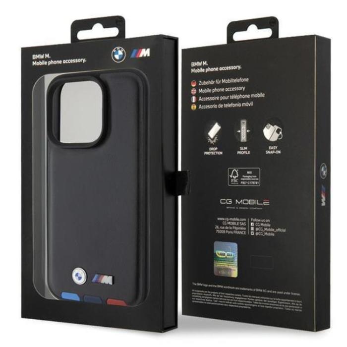 BMW - BMW iPhone 15 Pro Mobilskal Läder Stamp Tricolor - Svart
