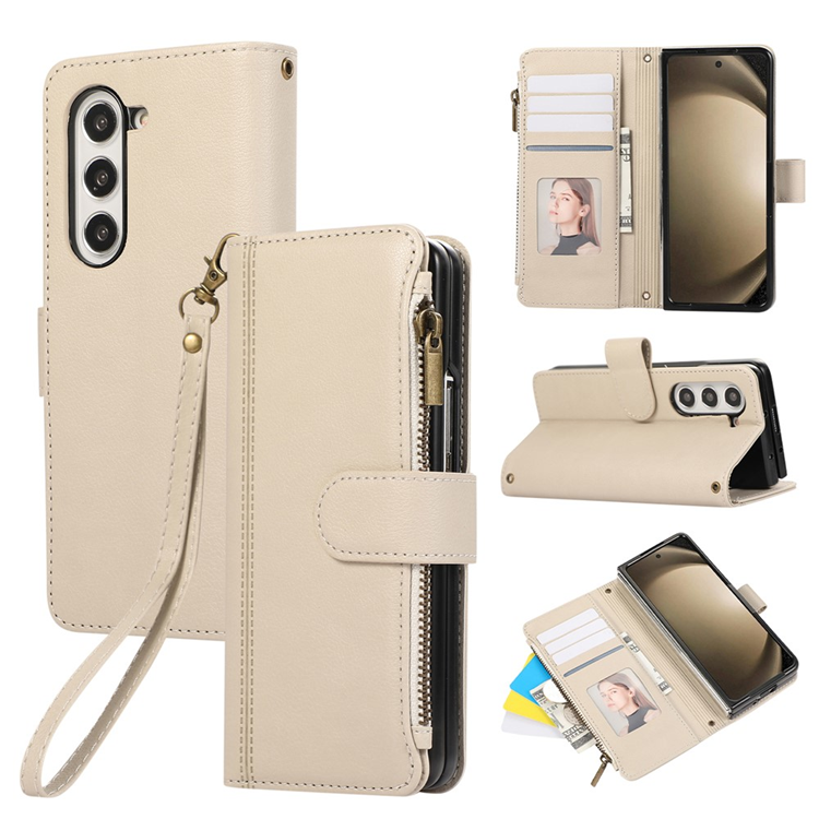 Galaxy Z Fold 7 Plånboksfodral Multi Zipper Läder - Beige | 2353 | AlltMobil