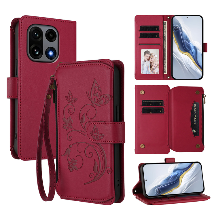 OnePlus 15 Konstläder Plånboksfodral Butterfly Floral Imprint Zipper (Vinröd) | 2353 | AlltMobil