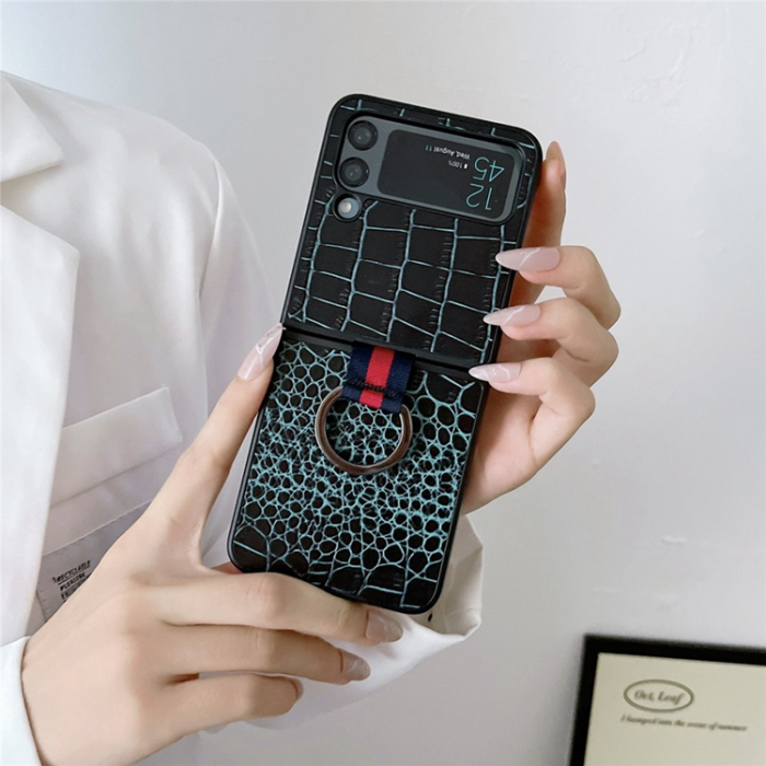 A-One Brand - Galaxy Z Flip 4 Mobilskal Äkta Läder Fingerringhållare - Grön