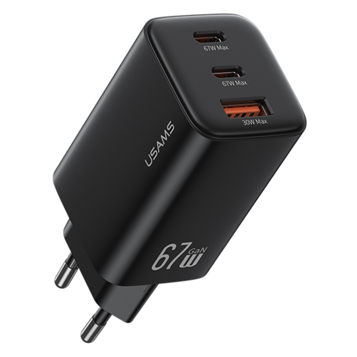 USAMS - USAMS GaN Snabbladdare 67W USB-A/2x USB-C EU CC265 - Svart
