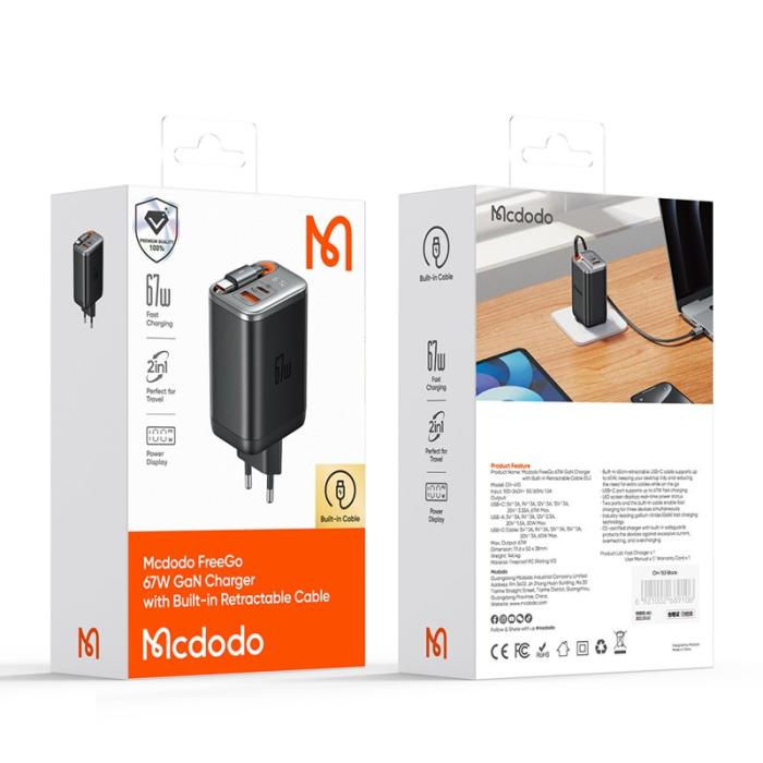 OEM - MCDODO CH-4100 GaN Snabbladdare 67W USB-C / USB-A med utdragbar kabel
