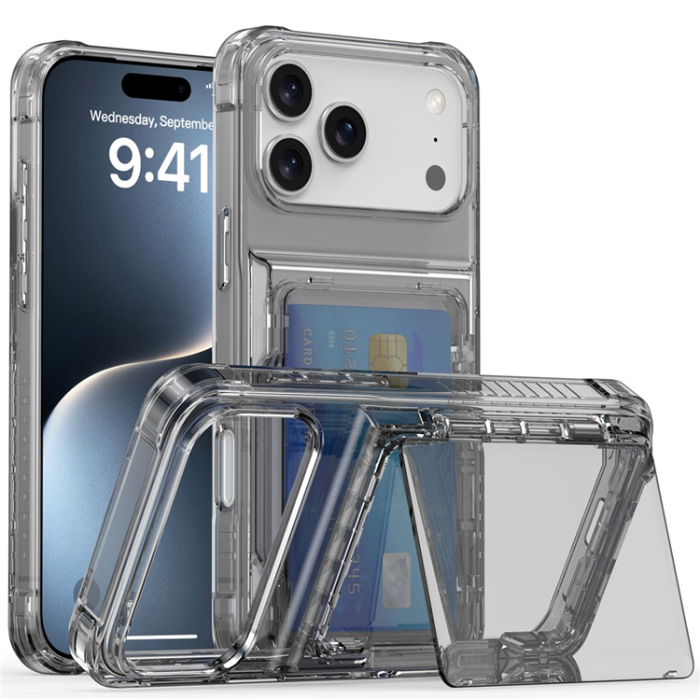 A-One Brand - iPhone 17 Pro Max Mobilskal Korthållare Kickstand - Transparent Svart