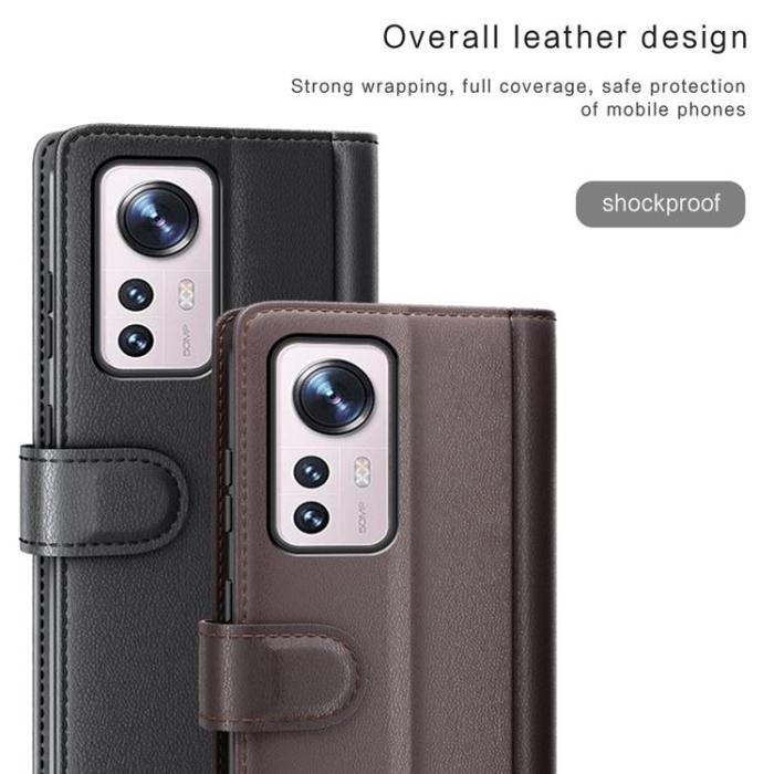 A-One Brand - Folio Flip Äkta Läder Plånboksfodral Xiaomi 12 Pro - Svart