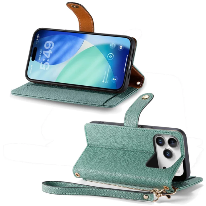 A-One Brand - iPhone 17 Pro Max Plånboksfodral RFID Zipper med rem - Grön