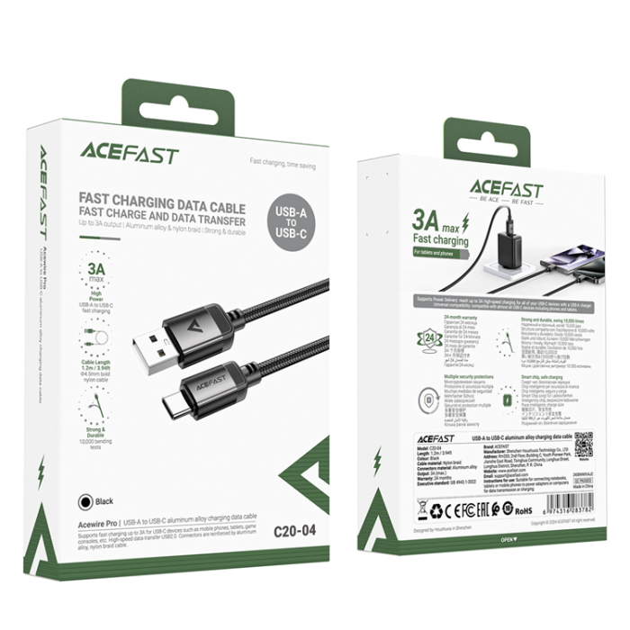 Acefast - Acefast USB-A - USB-C 3A Kabel 1.2m 480Mb/s - Svart