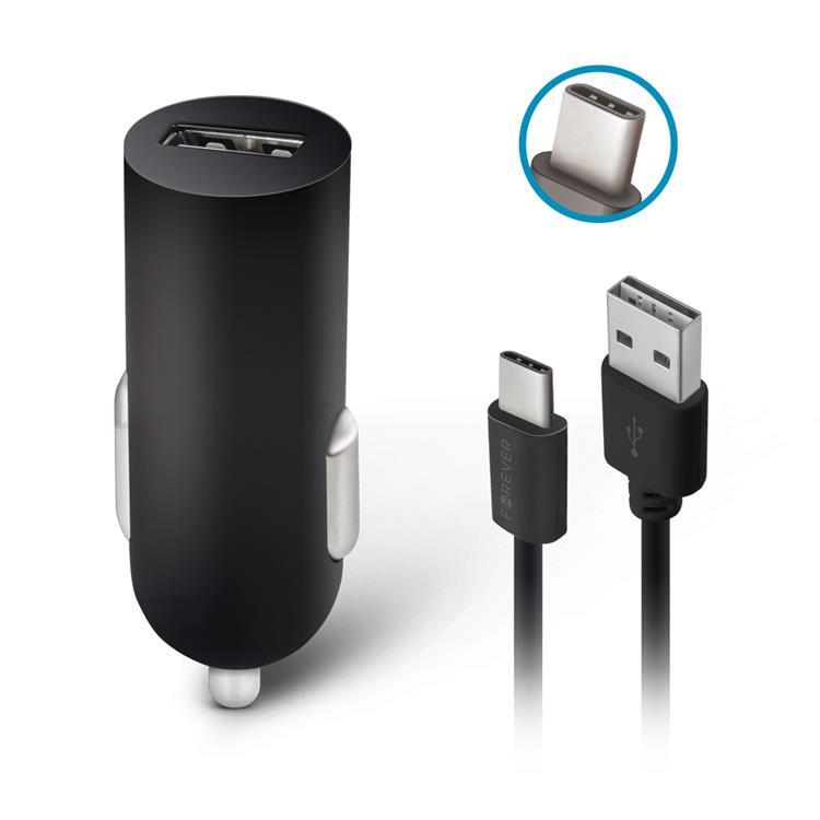 Forever Billaddare 1xUSB 2A + USB-C Kabel M02 - Svart | 505295 | AlltMobil