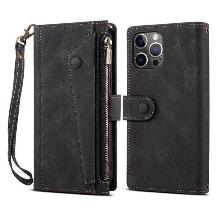 OEM - iPhone 14 Pro Max Plånboksfodral Flap Zipper Strap - Svart