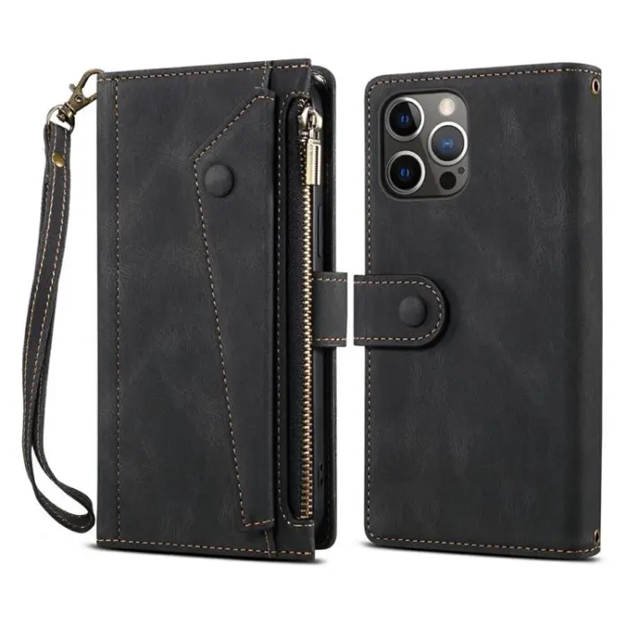 OEM - iPhone 14 Pro Max Plånboksfodral Flap Zipper Strap - Svart
