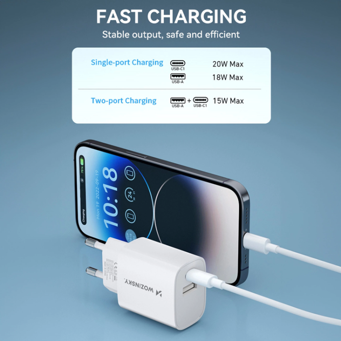 Wozinsky - Wozinsky WGWCW USB-A USB-C 20W Väggladdare - Vit