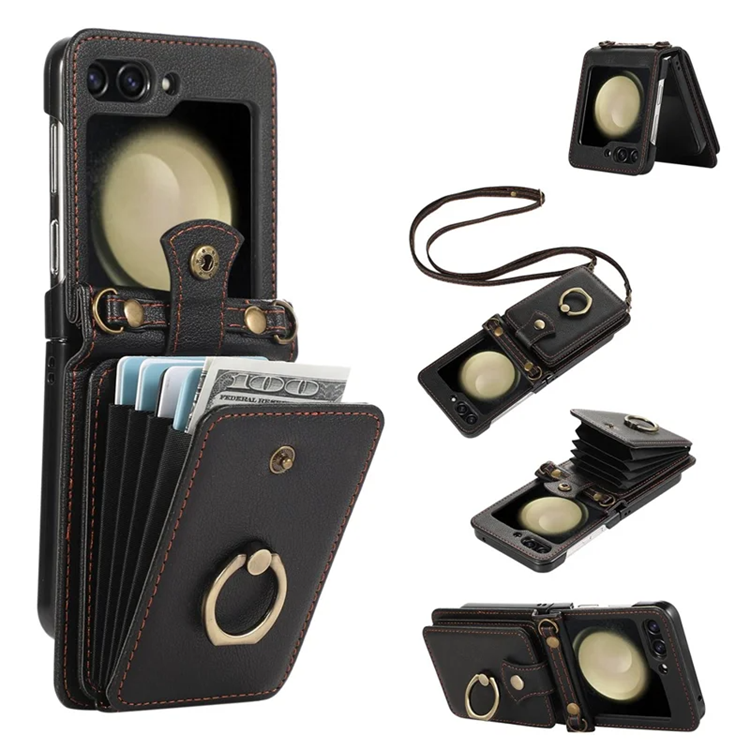 Galaxy Z Flip7 Plånboksfodral Ring Kickstand med Lång rem - Svart | 2353 | AlltMobil