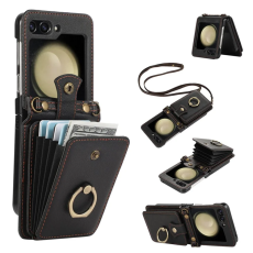 A-One Brand - Galaxy Z Flip7 Plånboksfodral Ring Kickstand med Lång rem - Svart
