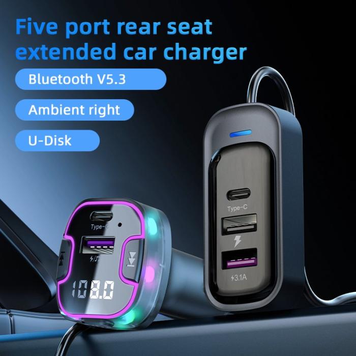 OEM - CS6 Baksätesladdare Multi-Port Snabbladdare med Bluetooth och FM-sändare