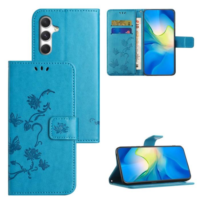 OEM - Samsung Galaxy A57 Plånboksfodral Konstläder Ställ Impr. Fjäril Blomma - Blå