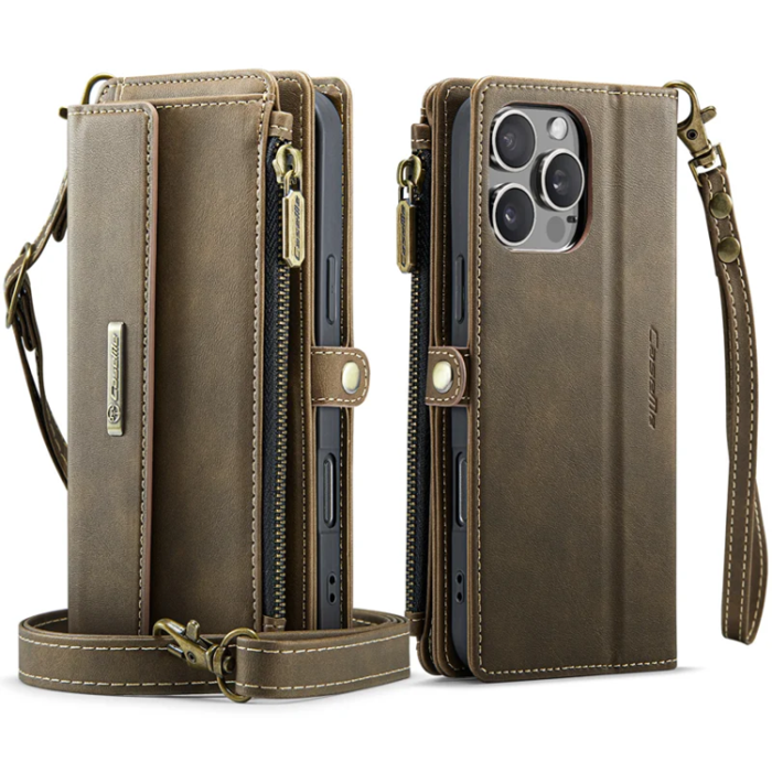 Caseme - Caseme iPhone 16 Pro Plånboksfodral RFID Blocking Zipper - Brun