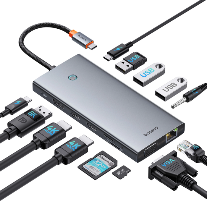 BASEUS - Baseus 13in1 HUB USB-C Till VGA, HDMI, RJ45, SD,TF, Aux, USB-C, USB-A