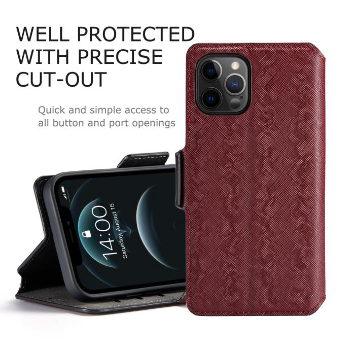 MUXMA - Muxma Saffiano Plånboksfodral till Apple iPhone 12 Pro Max - Vinröd