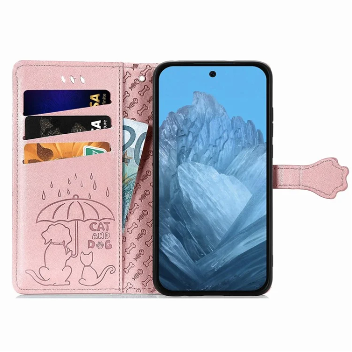 A-One Brand - Google Pixel 10/10 Pro Plånboksfodral Cat Dog Pattern - Rosa Guld